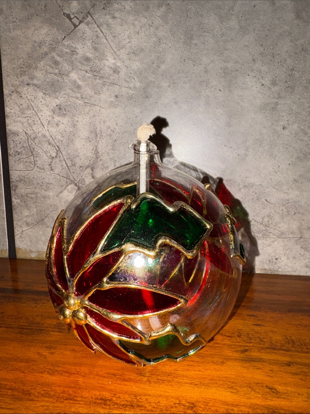 New But Vintage Mercury Glass Poinsettia Oil Lamp Red & Green Gold Accent w/Wick